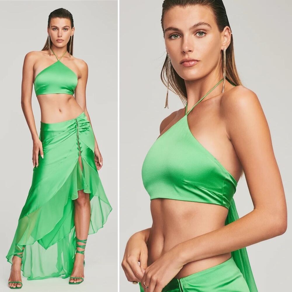 RETROFETE Mesta Silk Top Green Cropped Halter Stretch Satin Flowy Sash Small NEW